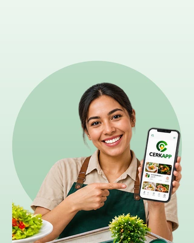 Ilustración de una tendera mostrando la app CERKAPP en su teléfono